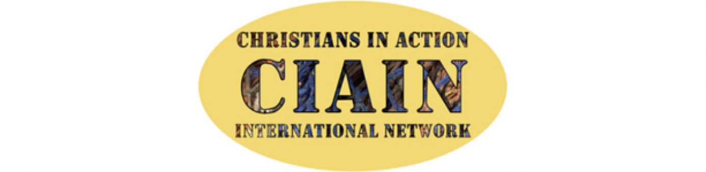 White Background with Christians In Action International Network written in tan 