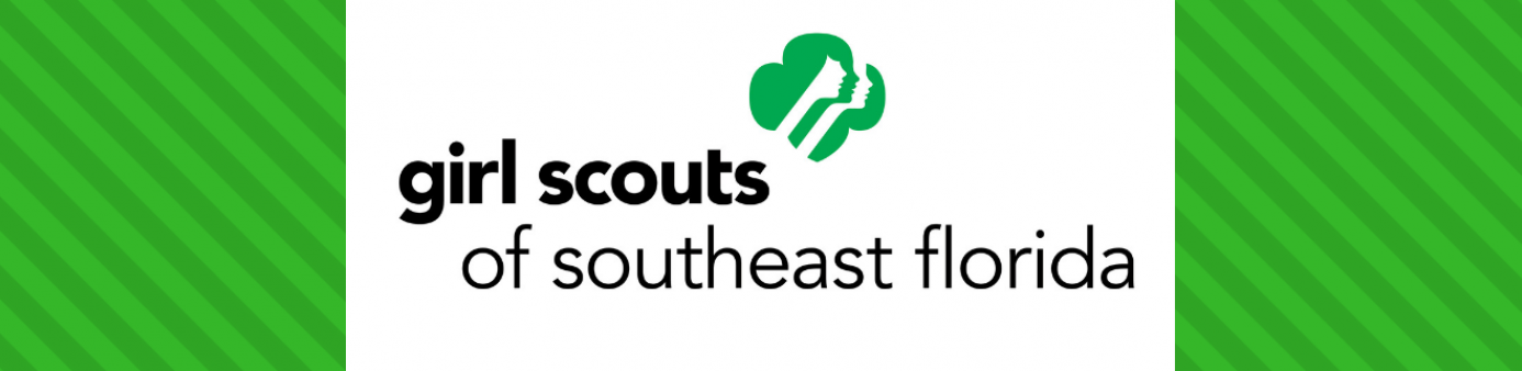 Girl scouts logo in black with green stripped background