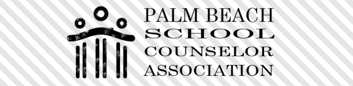 Gray striped background with Palm Beach School Counselor Association Logo in black