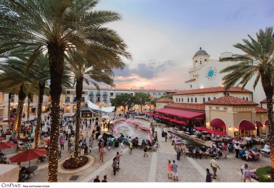Photo of the courtyard of cityplace outside facing the clock tower with sunset