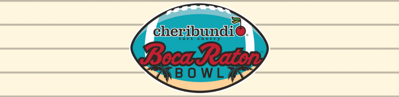 Blue football with Boca Raton Bowl logo and tan background with gray lines