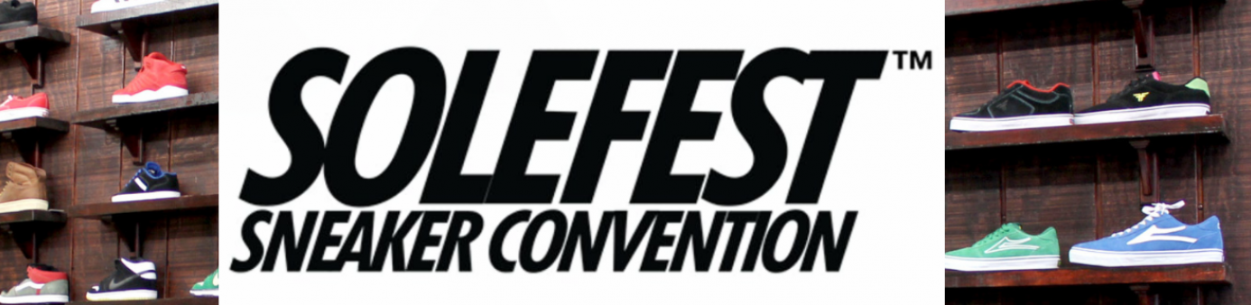 Solefest Logo with a background of shoes on display racks 