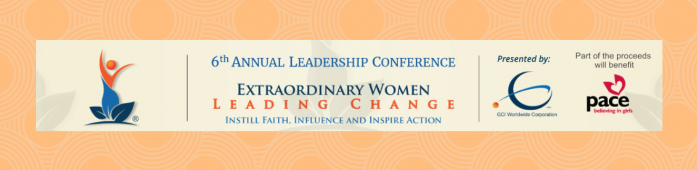 Extraordinary Women Leading Women banner with blue and orange flower with presented by sponsors GCI and Pace logos