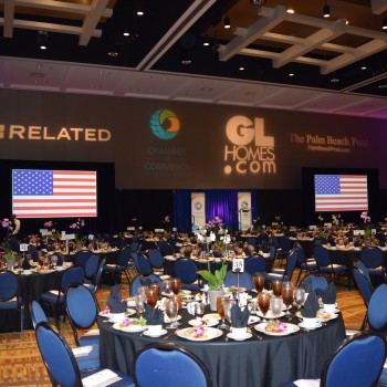 This is a photo of an audio visual set-up with a stage set-up with plants in front of the stage and a lit up backdrop in purple and blue. There are additional lit tiles hanging from the drape of both sides of the podium